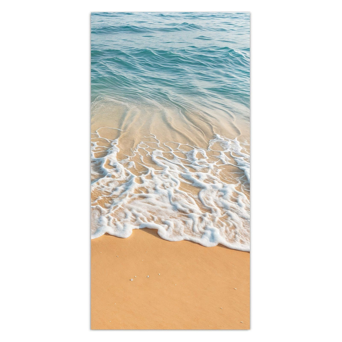 Wandbild aus Glas mit Motiv Wellen am Strand: Weiße Schaumkrone einer auslaufenden Welle auf goldenem Sand, türkises Wasser #grösse_30 x 60 cm #grösse_40 x 80 cm #grösse_50 x 100 cm #grösse_55 x 110 cm #grösse_60 x 120 cm
