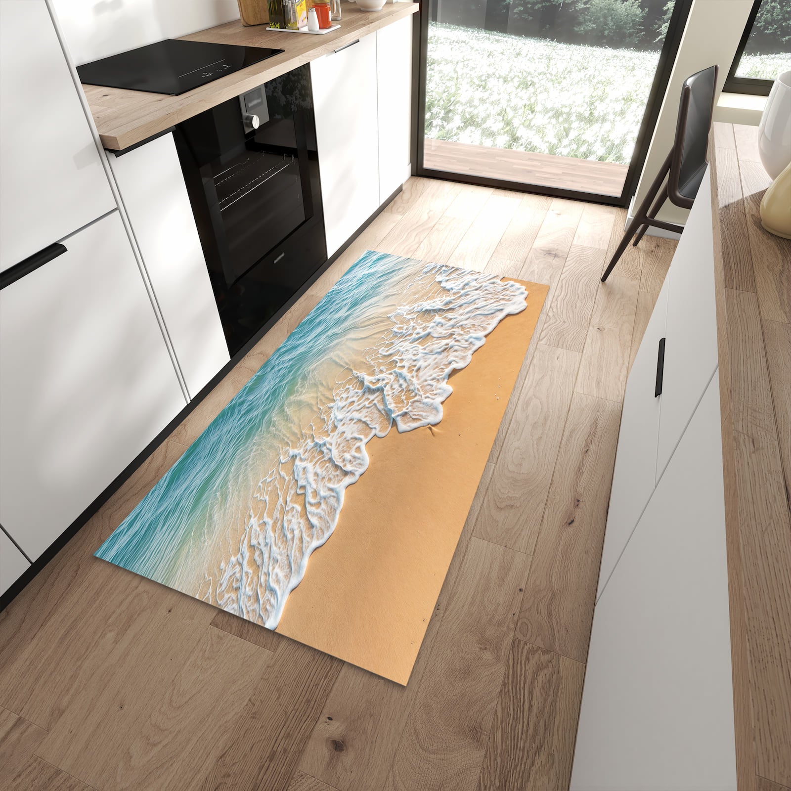 Küchenteppich mit Motiv Wellen am Strand für angenehme Haptik in moderner Küche