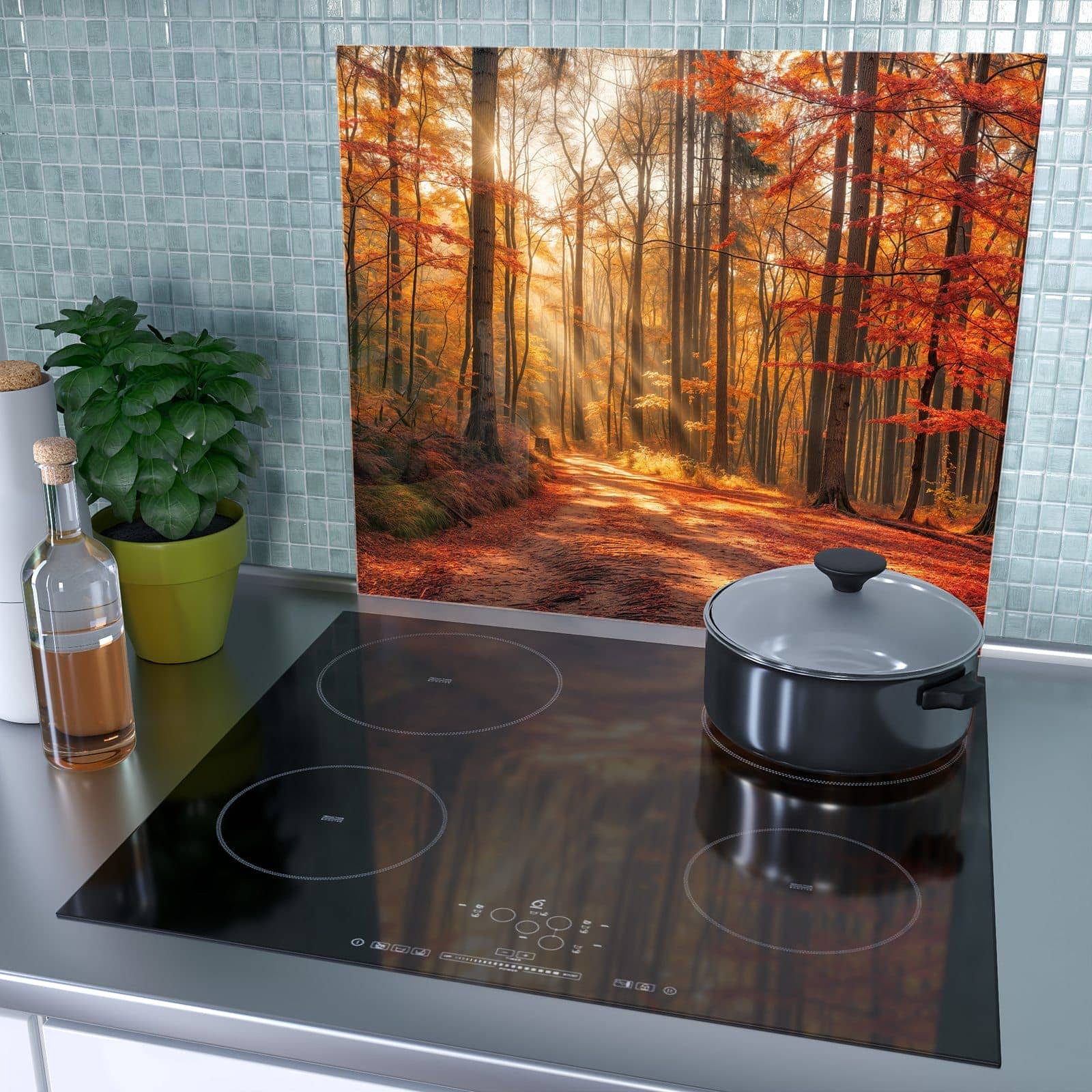 1-teilige Herdabdeckung mit Herbstlicher Waldweg-Motiv als Spritzschutz hinter dem Kochfeld