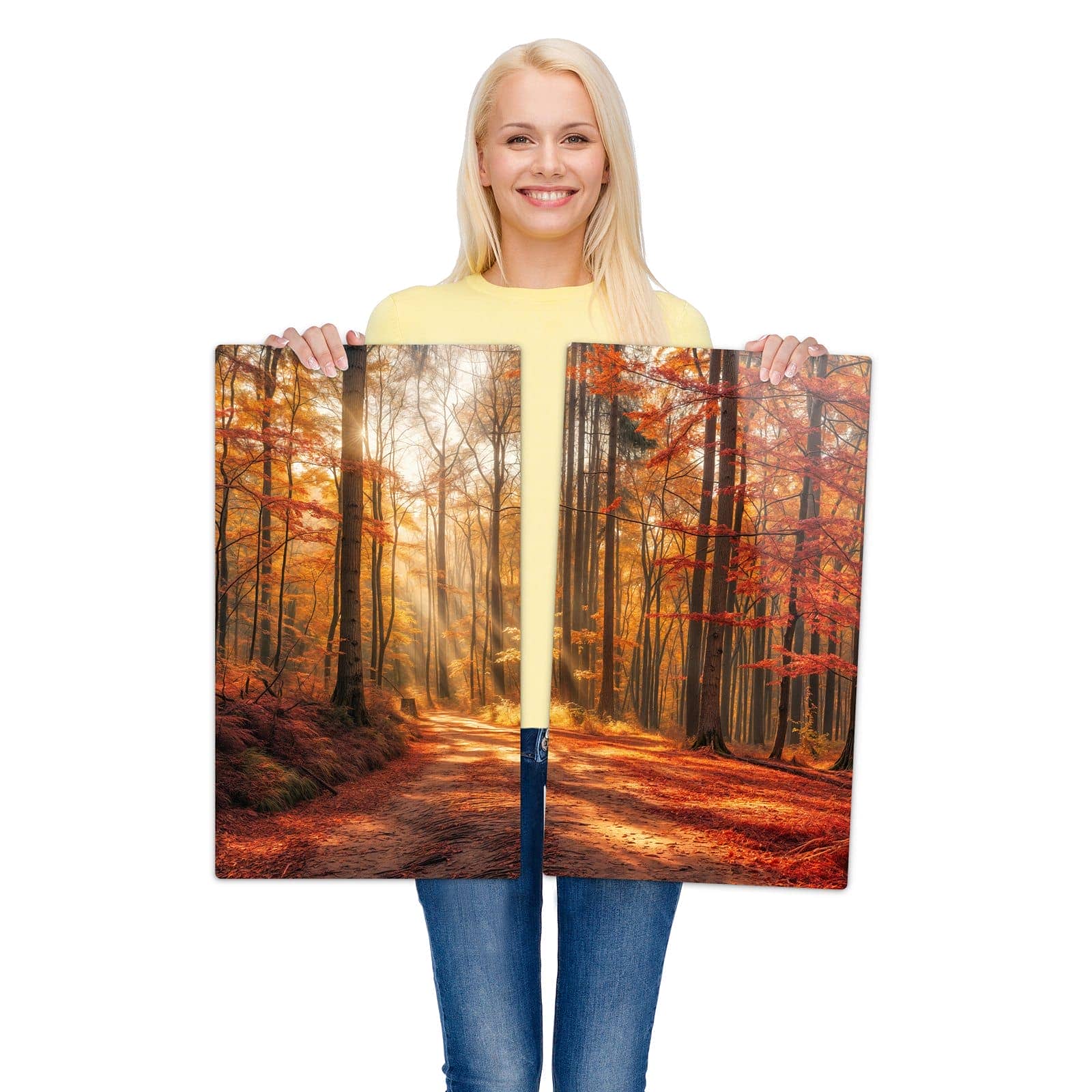 2-teilige Herdabdeckplatten für Ceranfeld mit Herbstlicher Waldweg-Motiv zur Größendarstellung gehalten