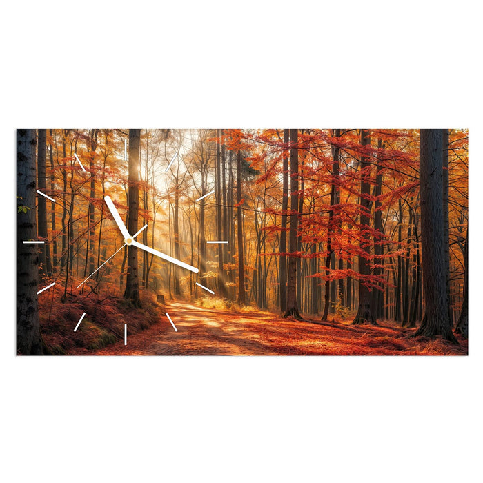 Wanduhr Herbstlicher Waldweg aus Glas – Querformat 60 × 30 cm mit Ziffernblatt Linie