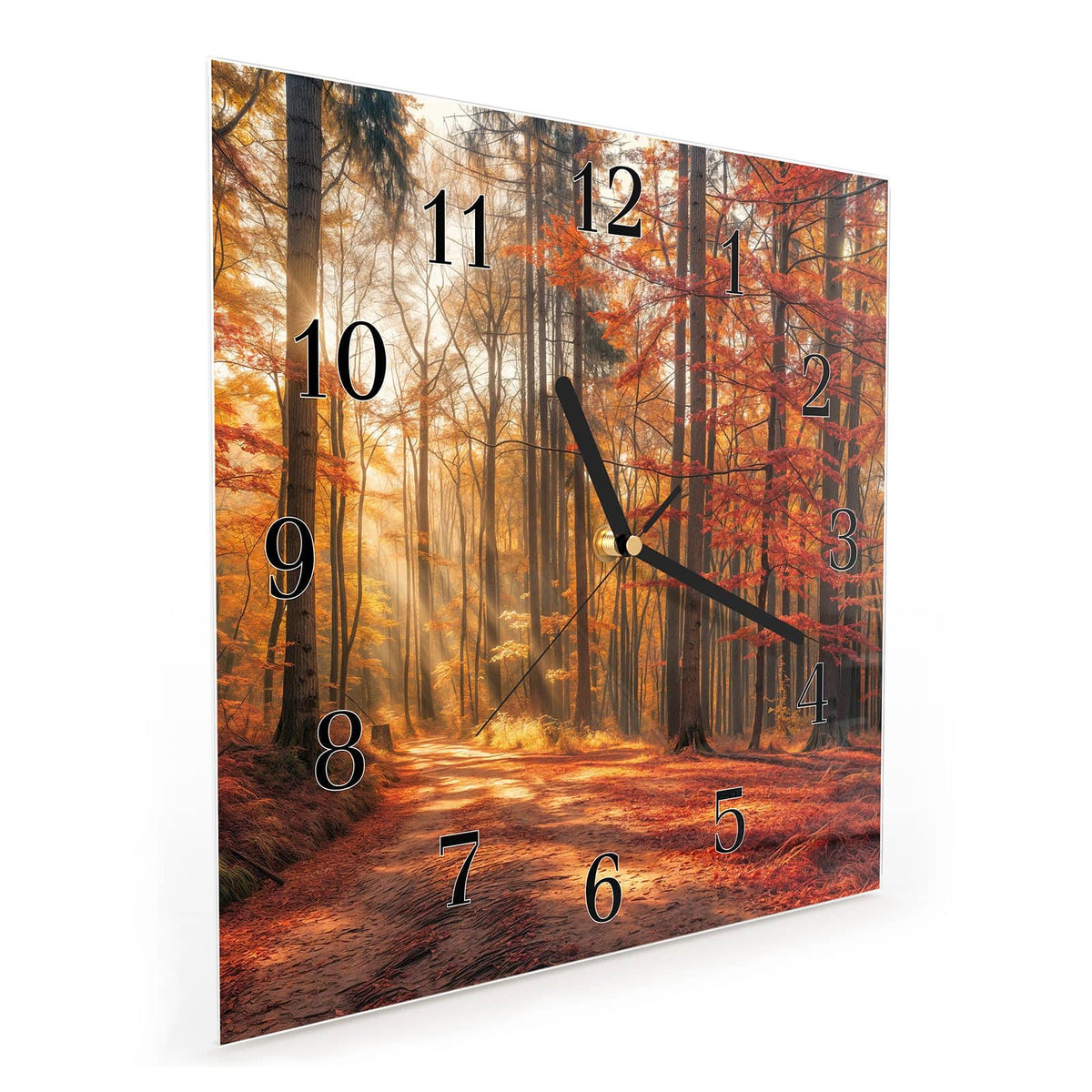 Quadratische Wanduhr aus Glas Waldweg im Herbstlicht schräg von der Seite, 4 mm starkes Glas