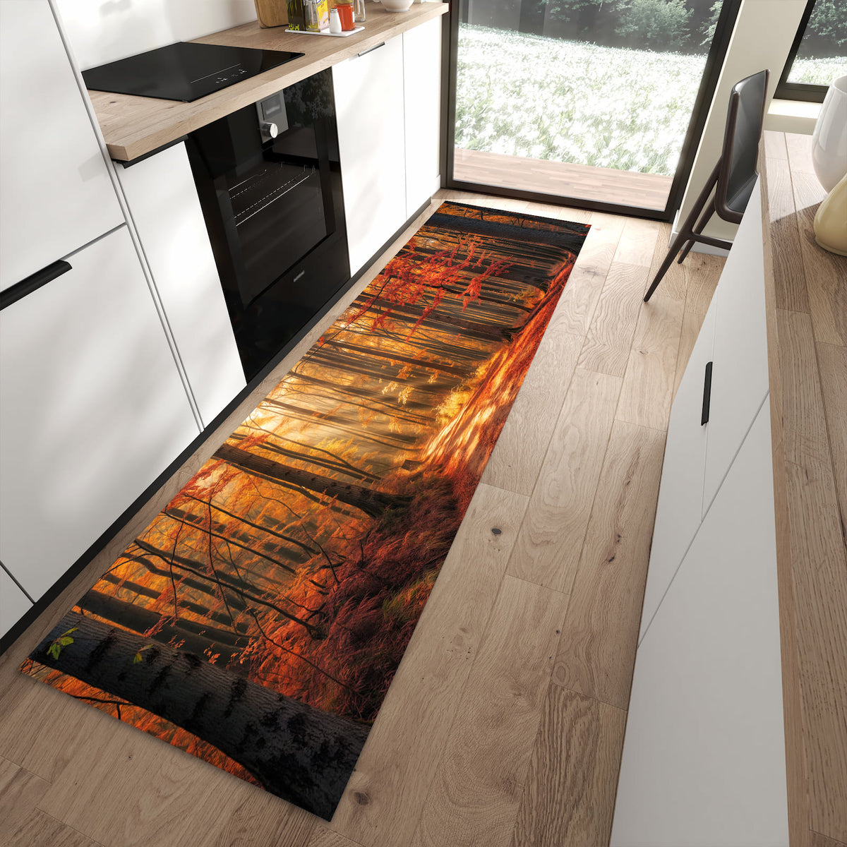 Waschbarer Teppich fürs Esszimmer mit Motiv Herbstlicher Waldweg in moderner Küche