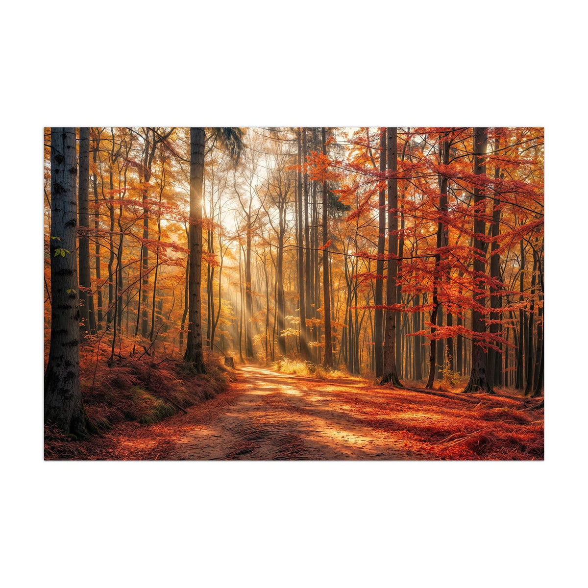 Küchenrückwand aus Glas Waldweg im Herbstlicht im Hochformat, Motiv bildfüllend von vorn