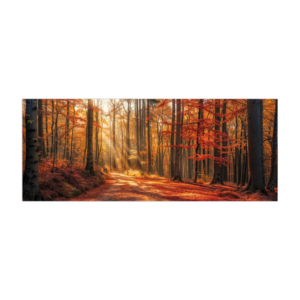 Küchenrückwand aus Glas Waldweg im Herbstlicht im Hochformat, Motiv bildfüllend von vorn