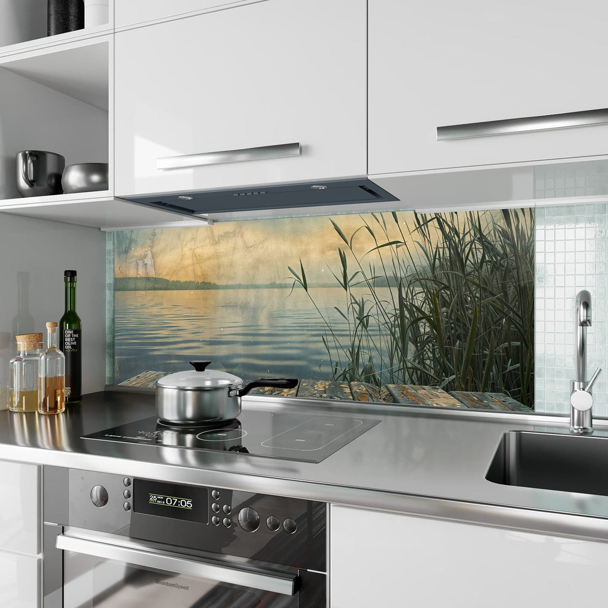Küchenrückwand aus Glas Steg am Schilfsee im Hochformat als Spritzschutz hinter dem Kochfeld, über dem Fliesenspiegel montiert