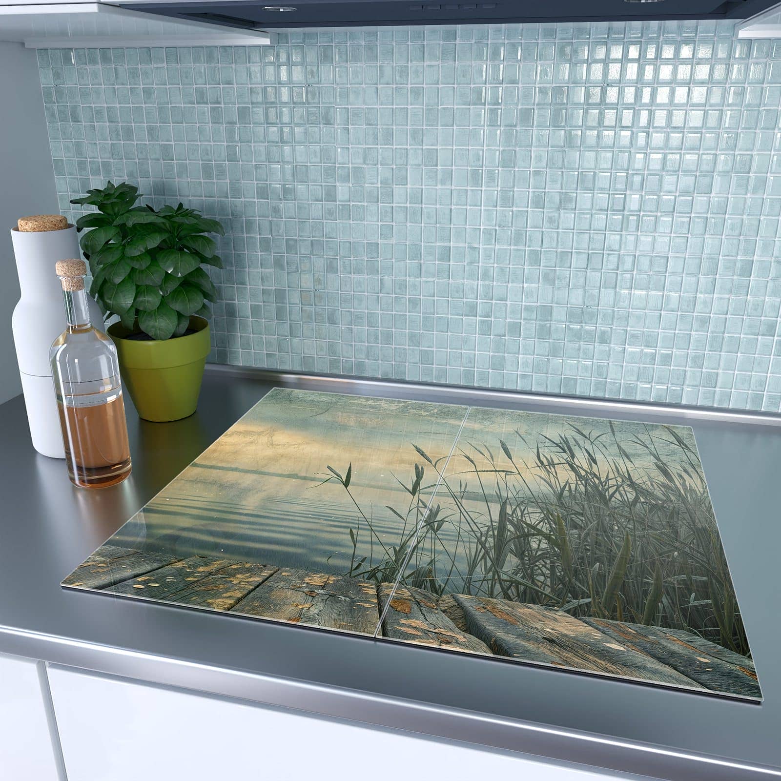 2-teilige Herdabdeckplatten mit Seeufer Abendstimmung-Motiv auf dem Ceranfeld
