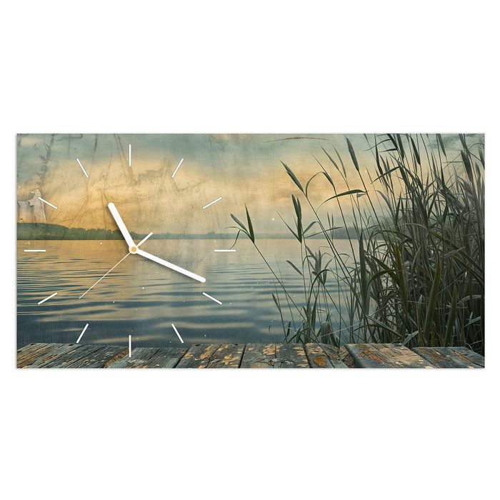 Wanduhr Seeufer Abendstimmung aus Glas – Querformat 60 × 30 cm mit Ziffernblatt Linie
