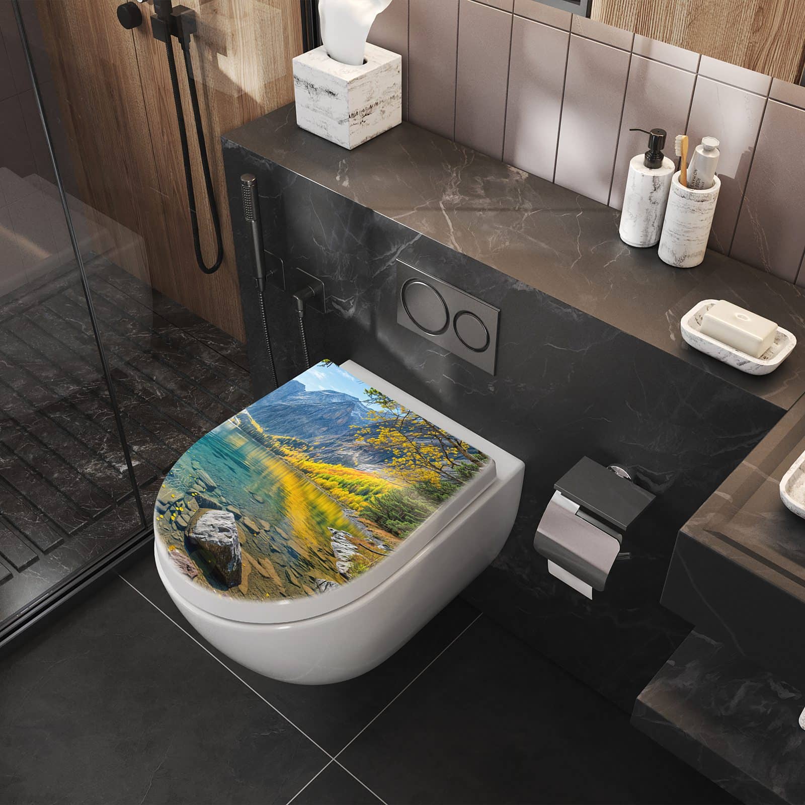 WC-Sitz mit Absenkautomatik Bergsee im Herbst