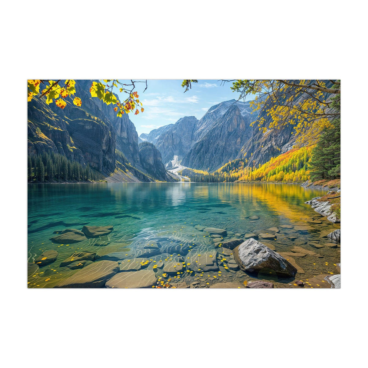 Küchenrückwand aus Glas Bergsee im Herbst im Hochformat, Motiv bildfüllend von vorn