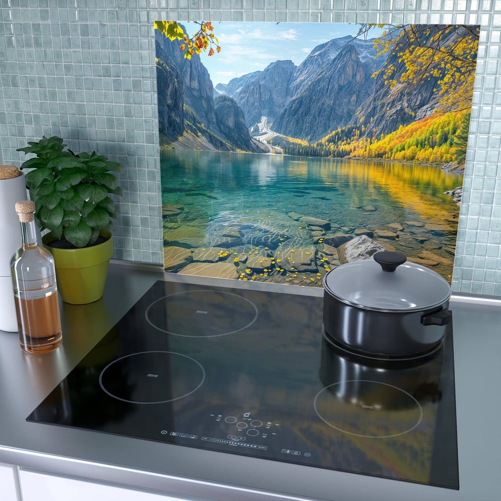 1-teilige Ceranfeld Abdeckungen mit Bergsee im Herbst-Motiv als Spritzschutz hinter dem Kochfeld