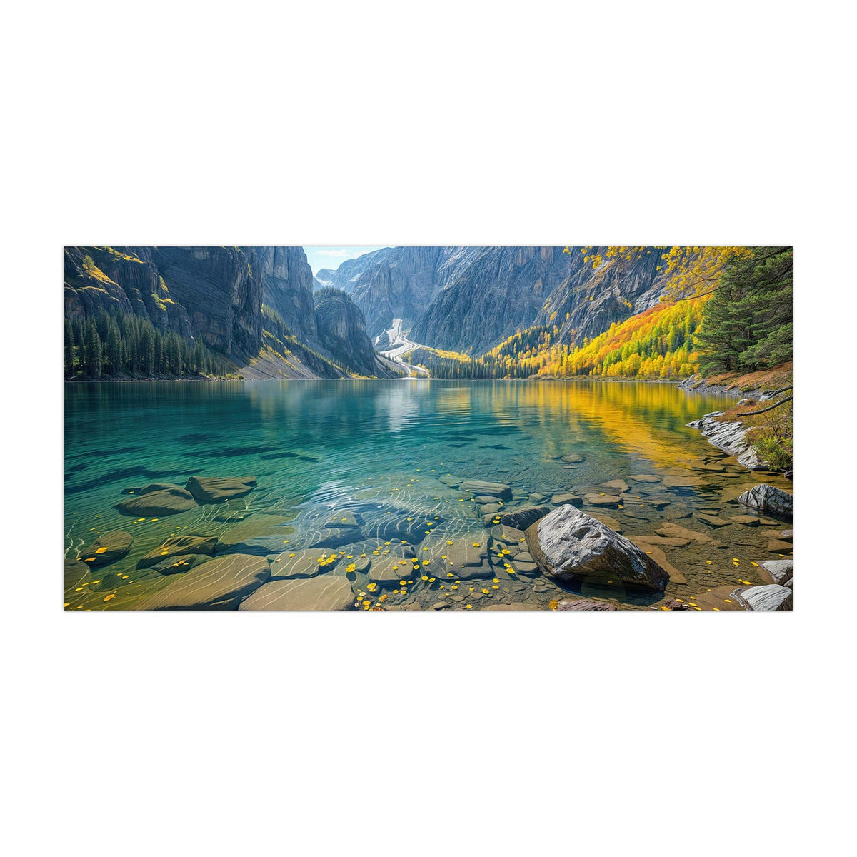 Küchenrückwand aus Glas Bergsee im Herbst im Hochformat, Motiv bildfüllend von vorn