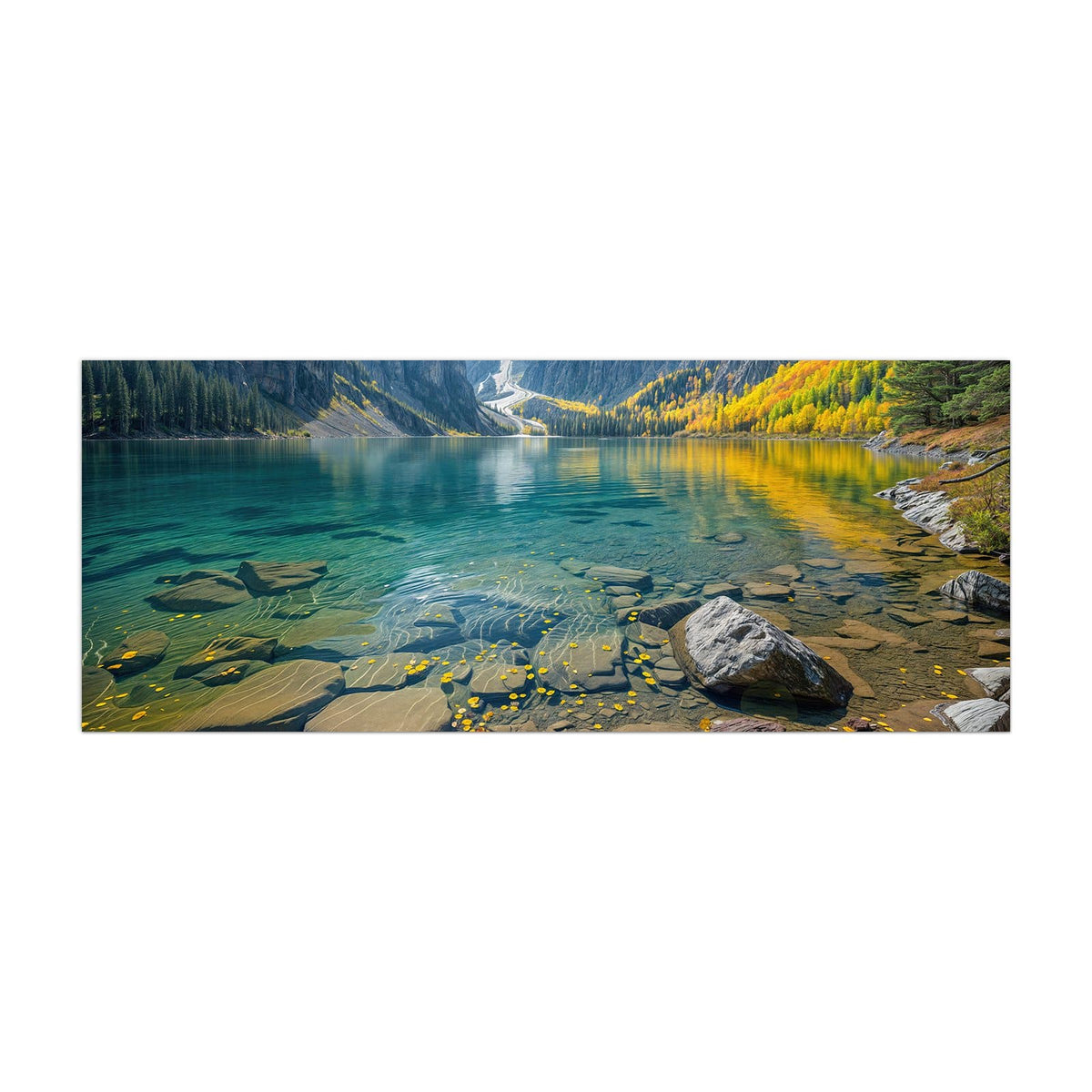 Küchenrückwand aus Glas Bergsee im Herbst im Hochformat, Motiv bildfüllend von vorn