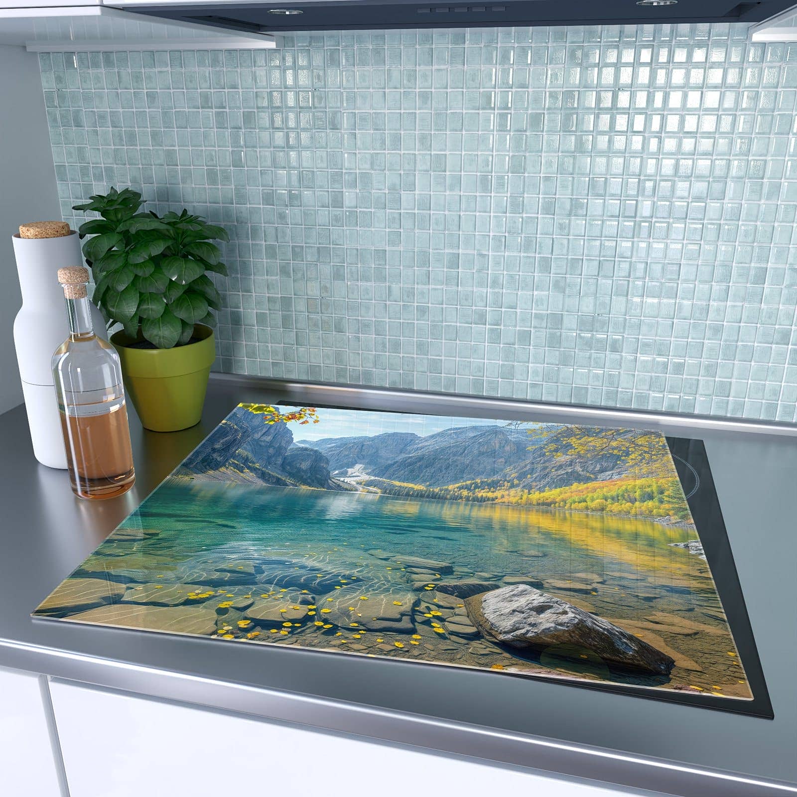 1-teilige Herdabdeckplatte mit Bergsee im Herbst-Motiv auf dem Ceranfeld