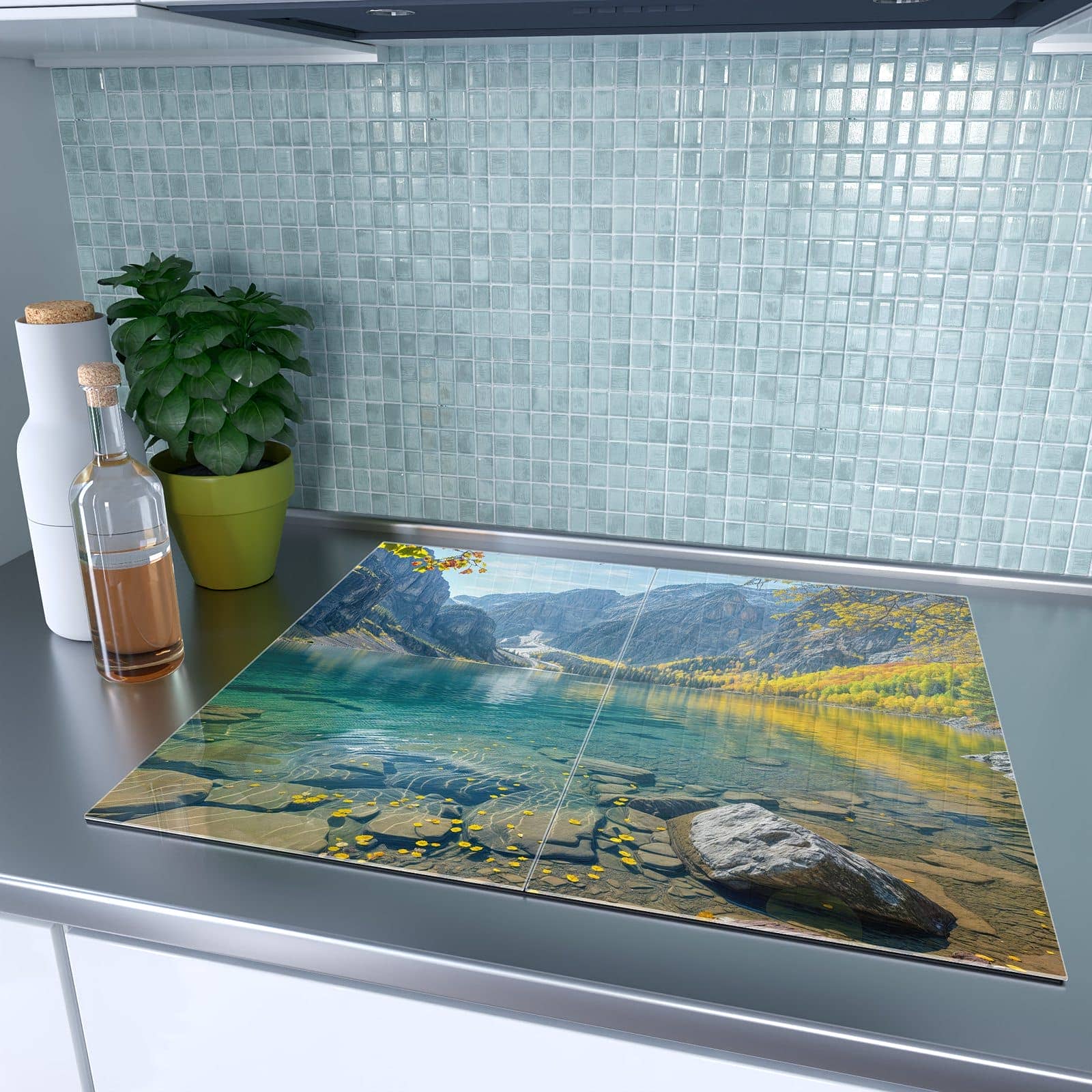 2-teilige Abdeckplatten für den Herd mit Bergsee im Herbst-Motiv auf dem Ceranfeld