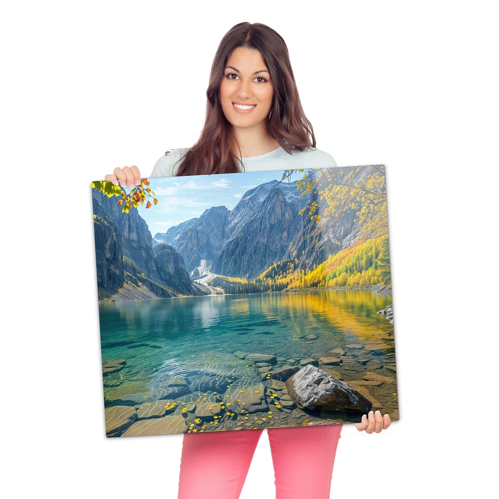 Herdabdeckplatten für Ceranfeld mit Bergsee im Herbst-Motiv wird zur Größendarstellung gehalten