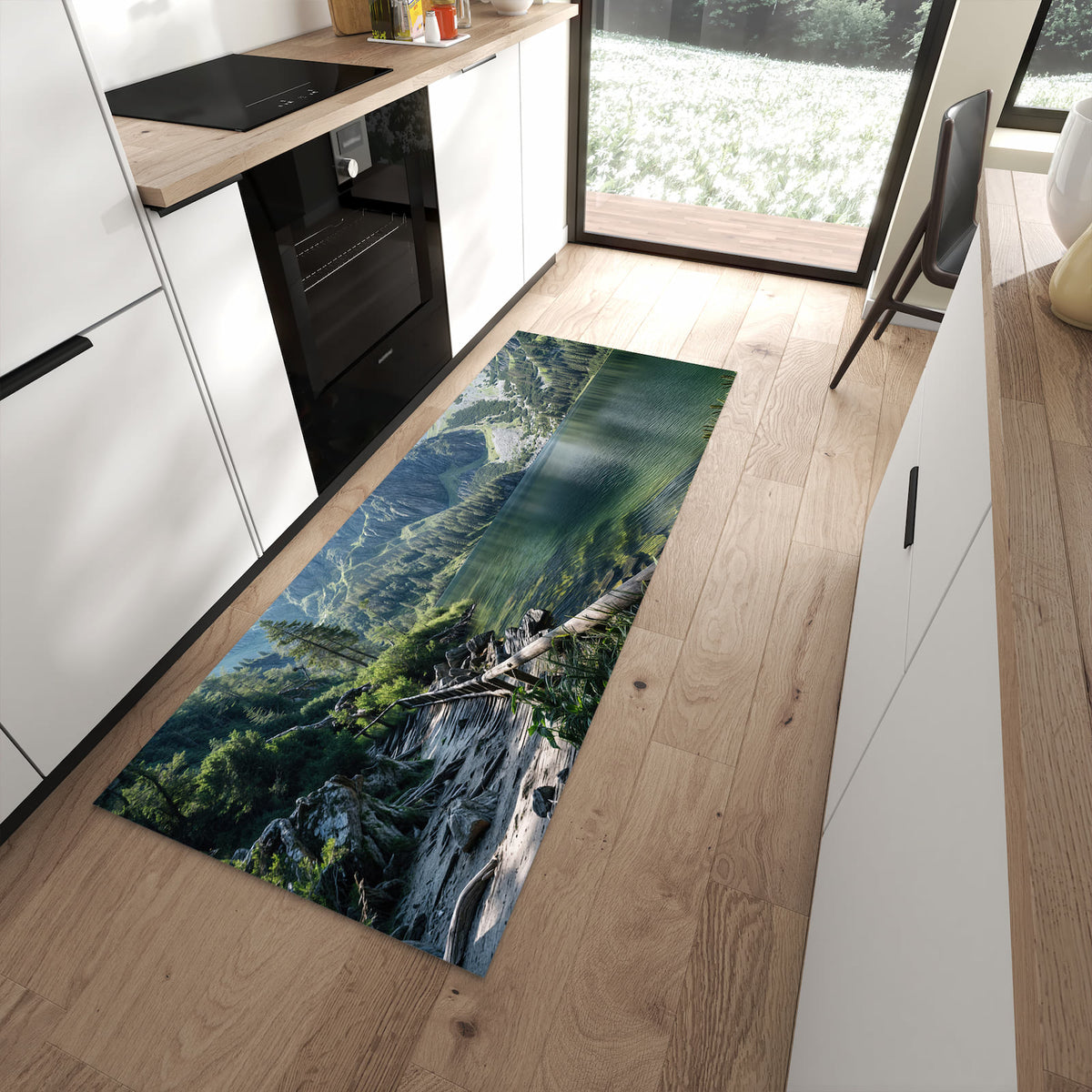 Zeitsparender moderner Küchenläufer mit Motiv Berglandschaft See in moderner Küche