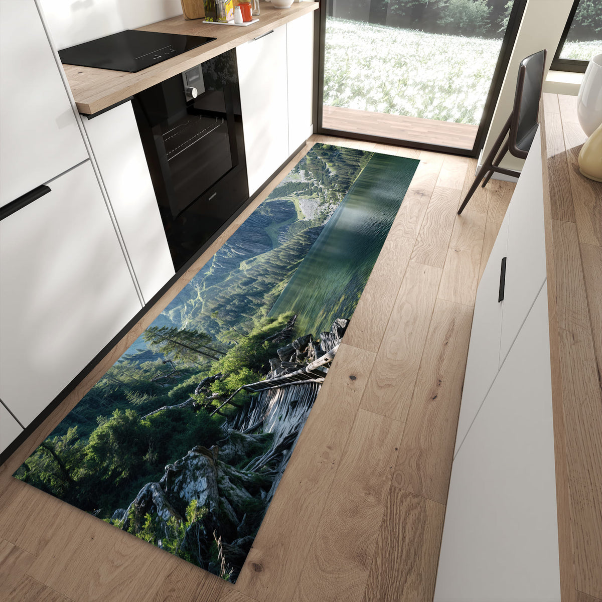 Abriebfester Küchenteppich mit Motiv Berglandschaft See in moderner Küche