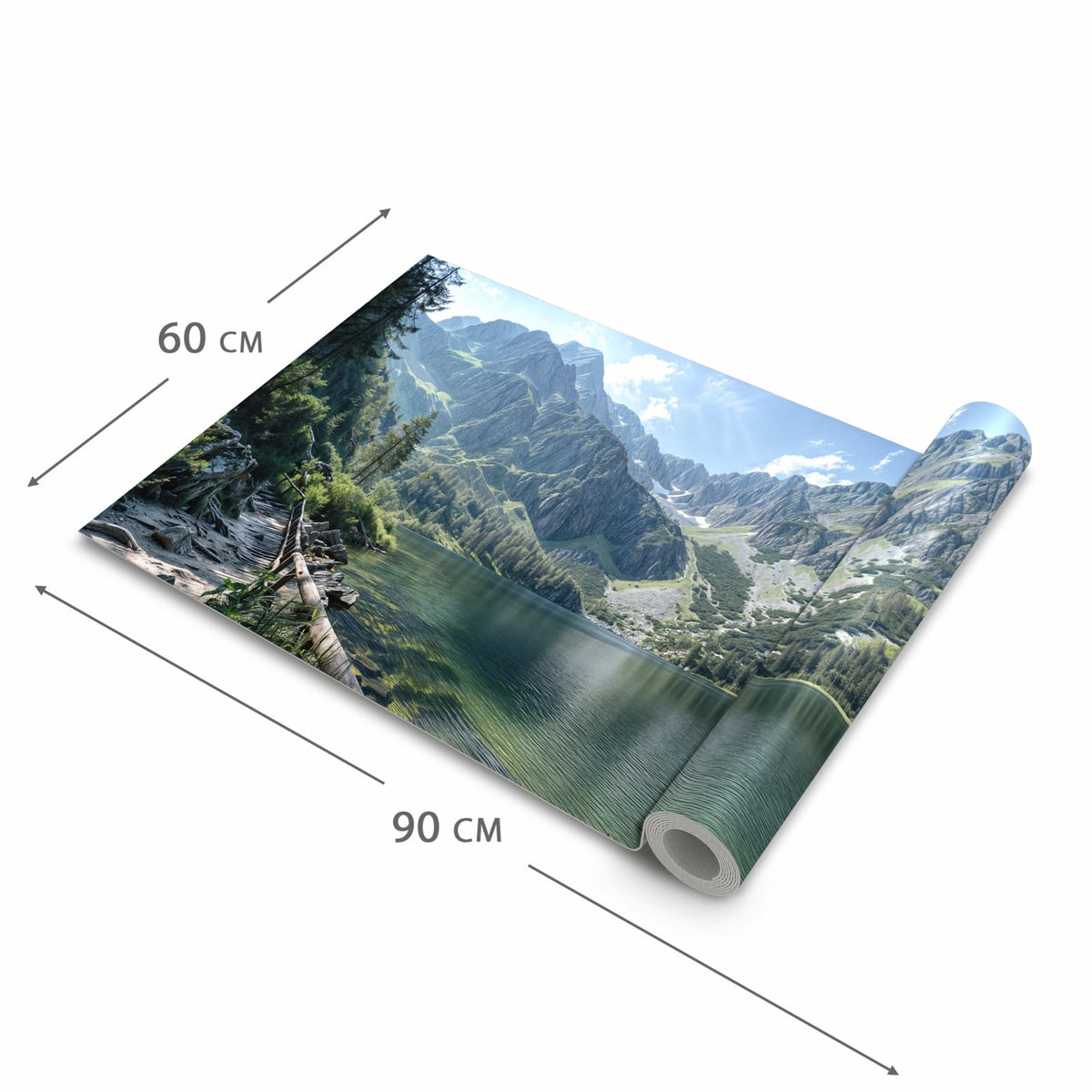 Bodenschonender waschbarer Teppich fürs Esszimmer mit Motiv Berglandschaft See in der Grösse 60x150 cm