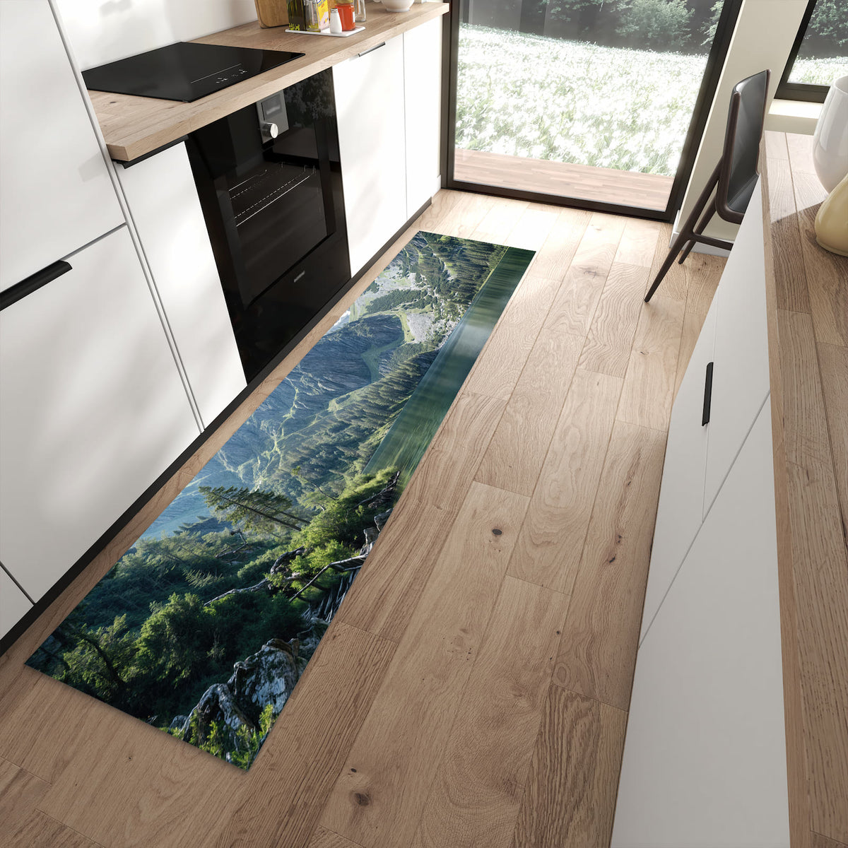 Bodenschonender rutschfester Küchenläufer mit Motiv Berglandschaft See in moderner Küche