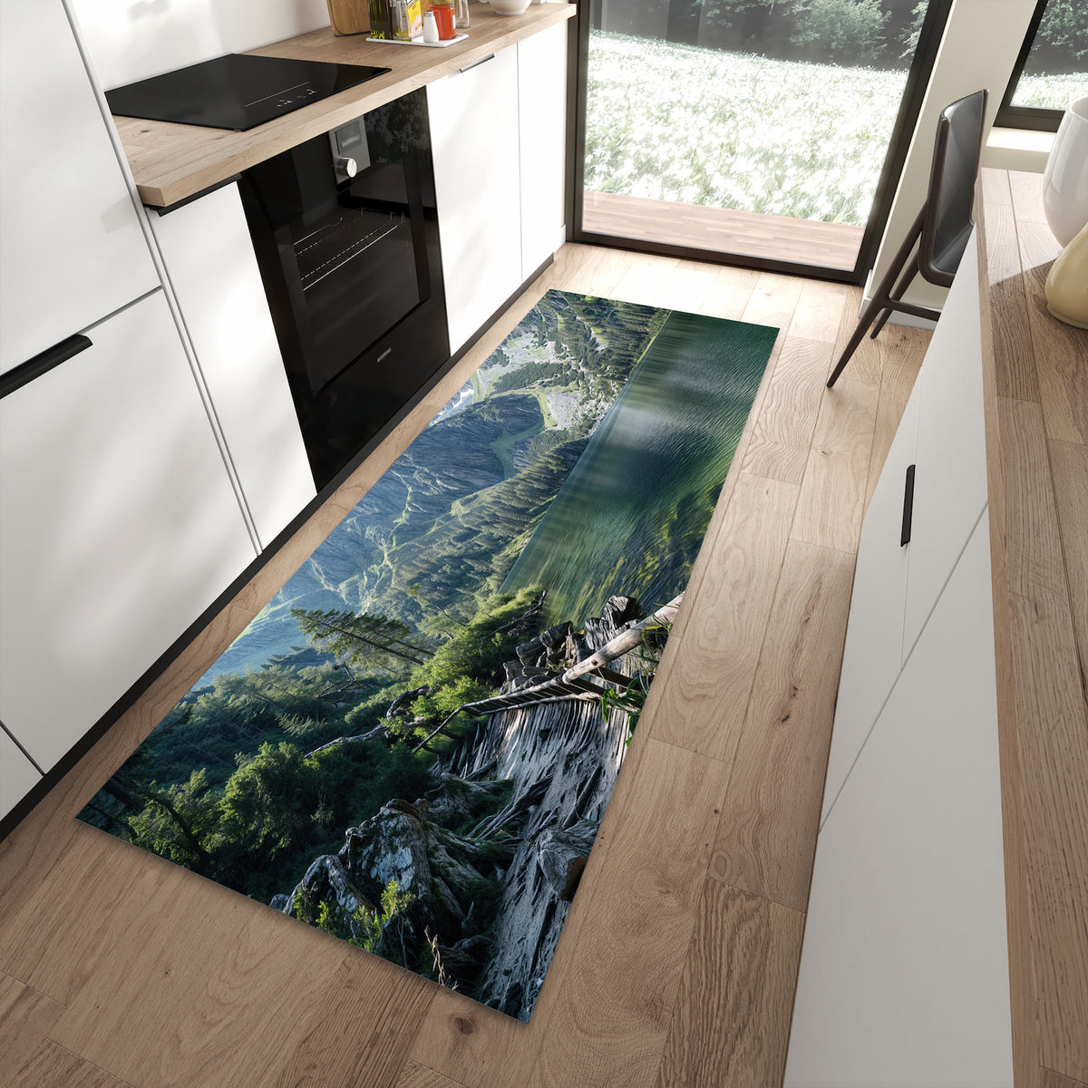Wasserabweisender Teppich für Küche mit Motiv Berglandschaft See in moderner Küche
