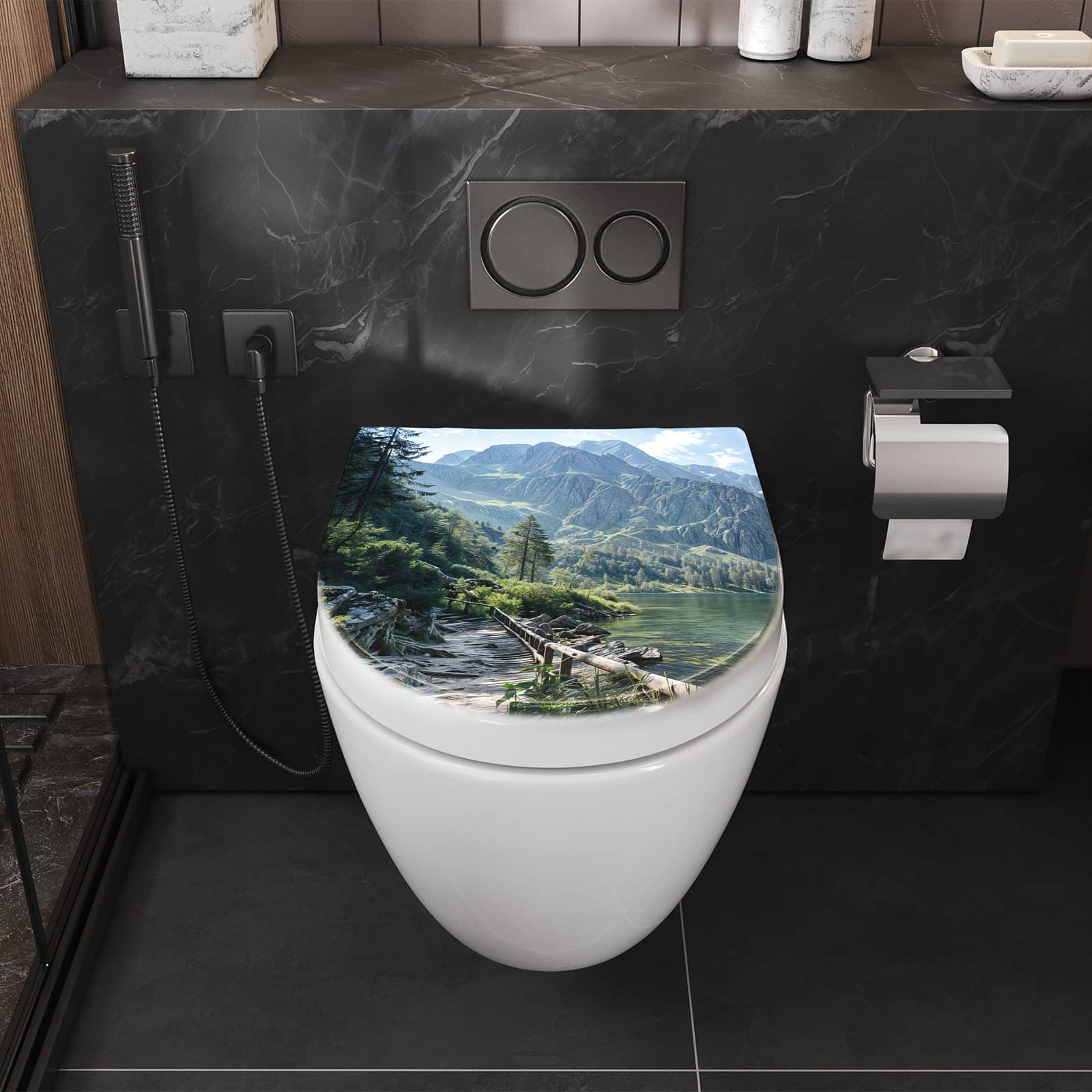 WC-Sitz mit Absenkautomatik Berglandschaft See