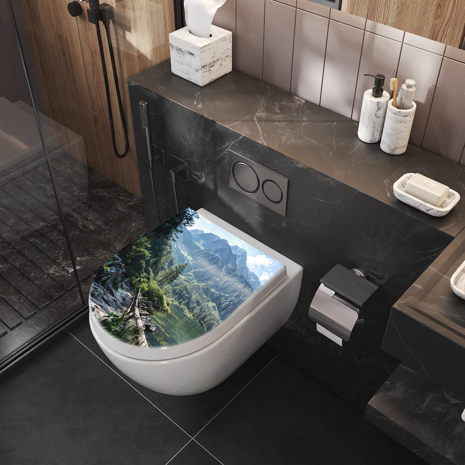 WC-Sitz mit Absenkautomatik Berglandschaft See