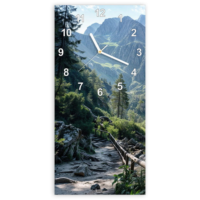 Wanduhr Berglandschaft See aus Glas – Hochformat 30 × 60 cm mit Ziffernblatt Modern