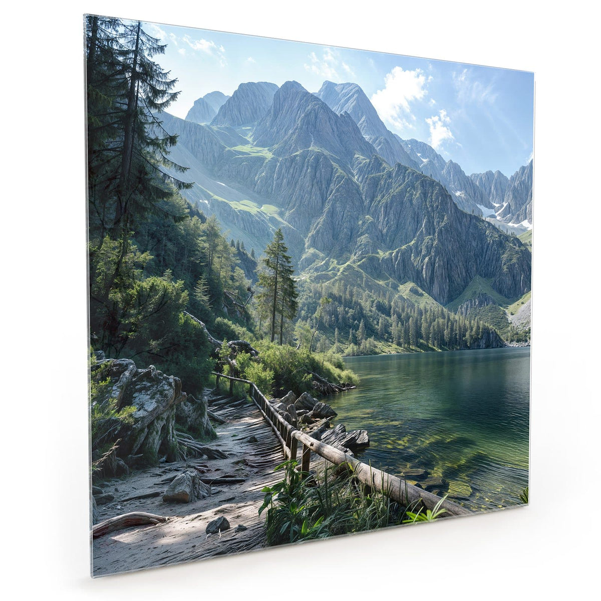 Küchenrückwand aus Glas im quadratischen Format: Klarer grüner Bergsee mit Holzgeländer am Ufer, Nadelbäume und schroffe Felsgipfel. #grösse_40 x 40 cm #grösse_50 x 50 cm #grösse_60 x 60 cm