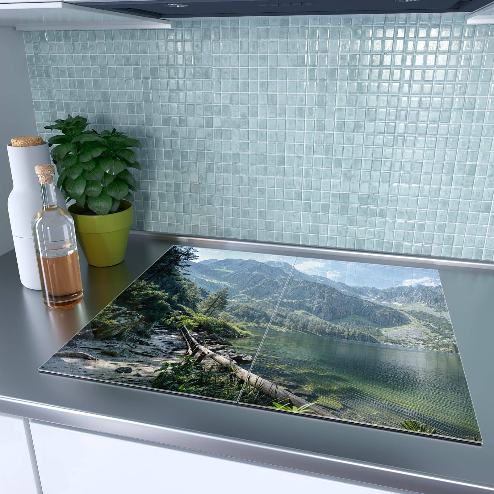2-teilige Abdeckplatten für Ceranfeld mit Berglandschaft See-Motiv auf dem Ceranfeld
