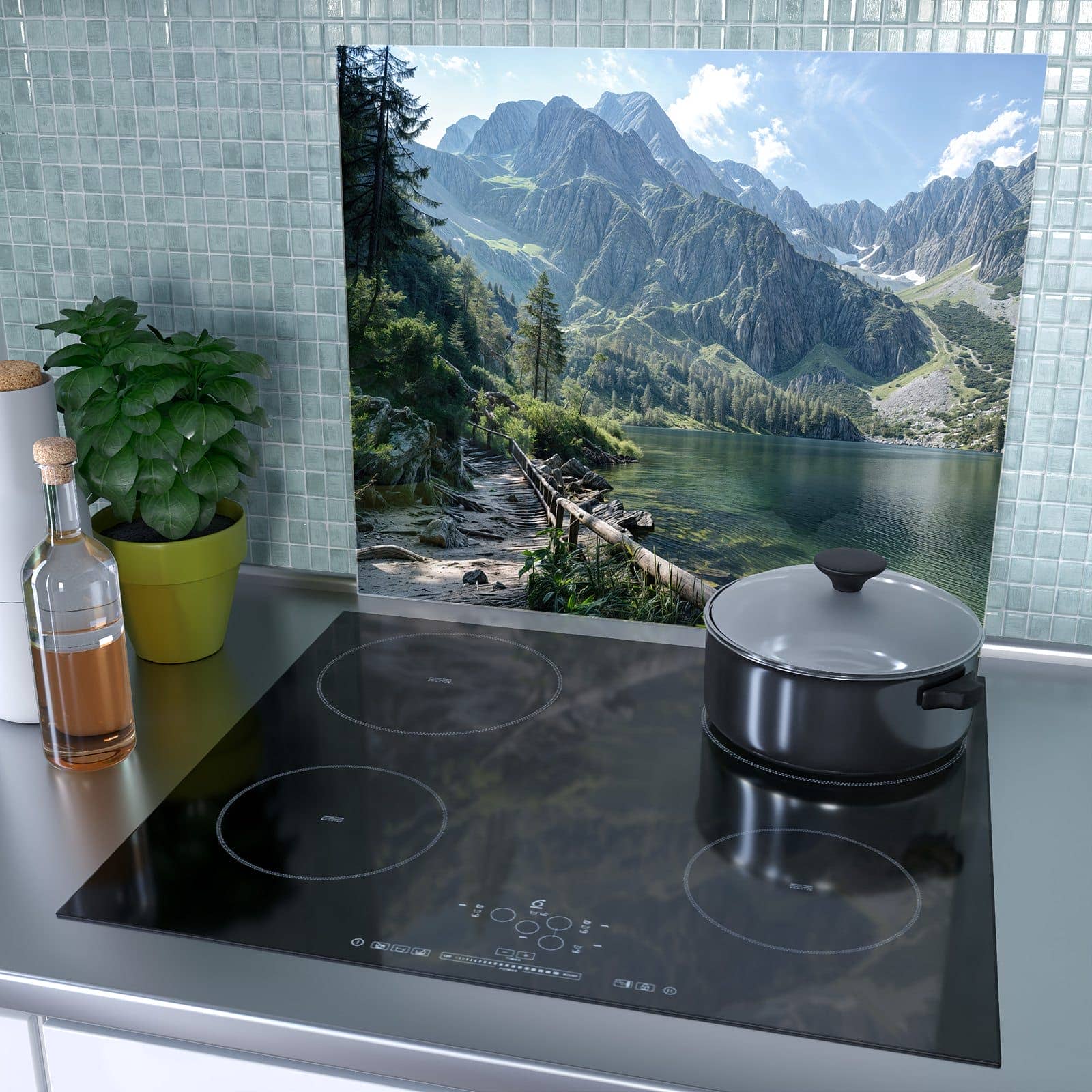 1-teilige Herdabdeckplatte mit Berglandschaft See-Motiv als Spritzschutz hinter dem Kochfeld