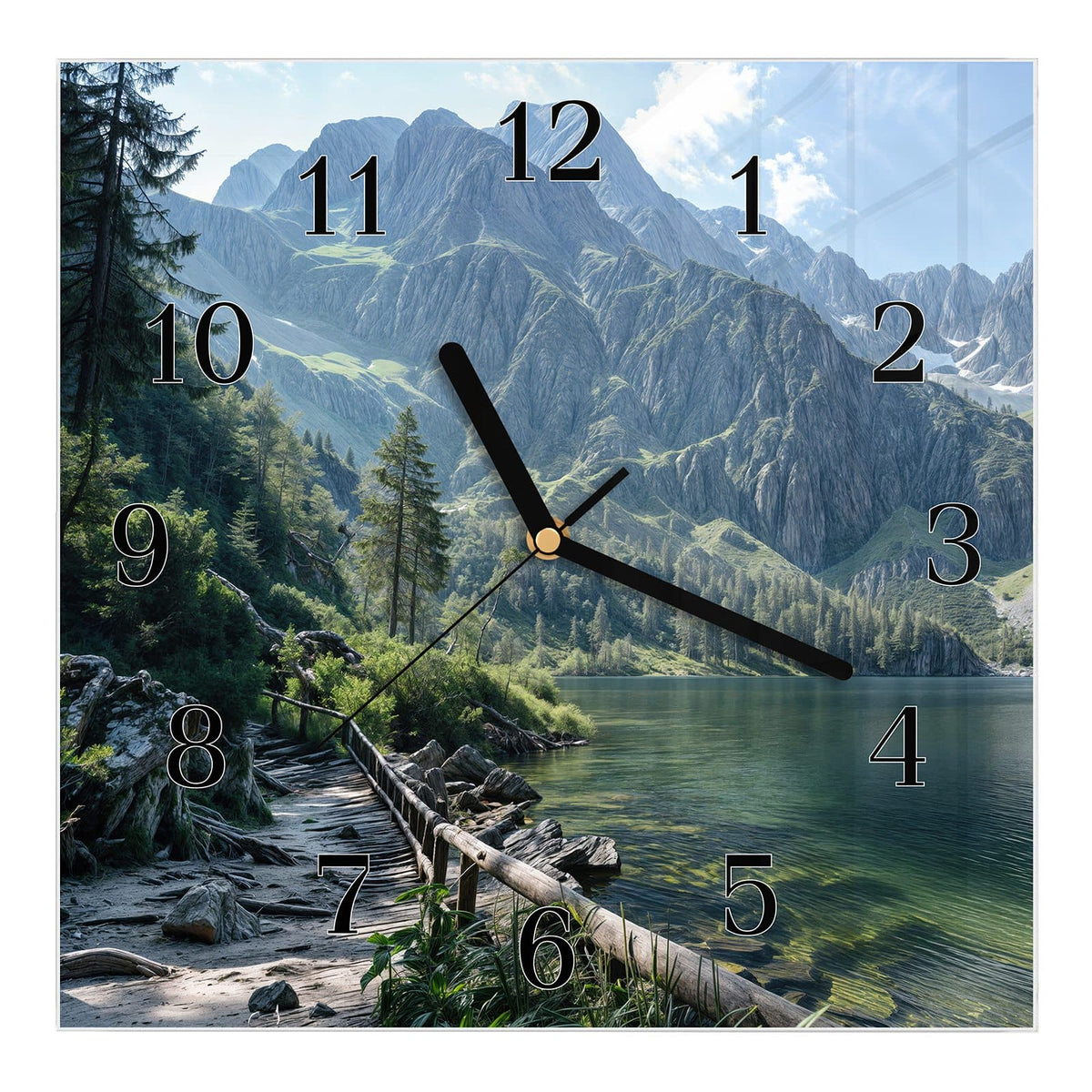 Wanduhr aus Glas, Ziffernblatt Klassisch: Klarer grüner Bergsee mit Holzgeländer am Ufer, Nadelbäume und schroffe Felsgipfel.