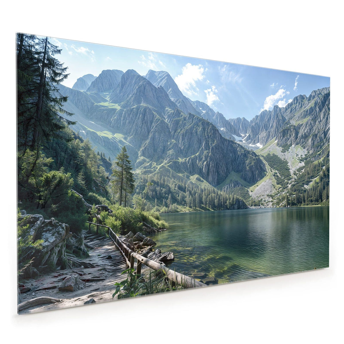 Küchenrückwand aus Glas im Hochformat: Klarer grüner Bergsee mit Holzgeländer am Ufer, Nadelbäume und schroffe Felsgipfel.