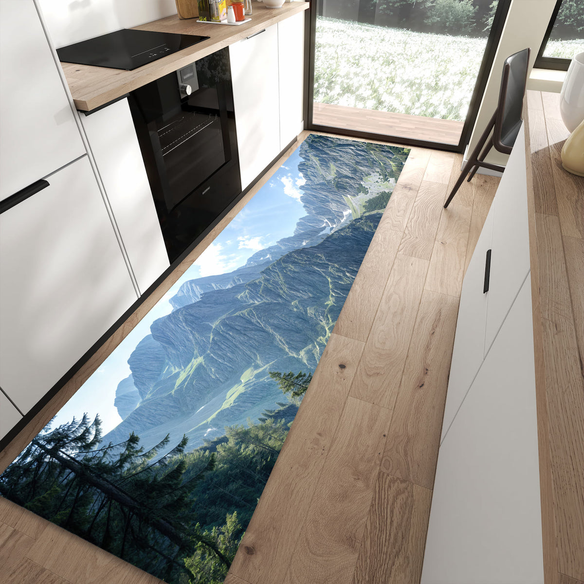 UV-beständiger Küchenteppich mit Motiv Berglandschaft See in moderner Küche
