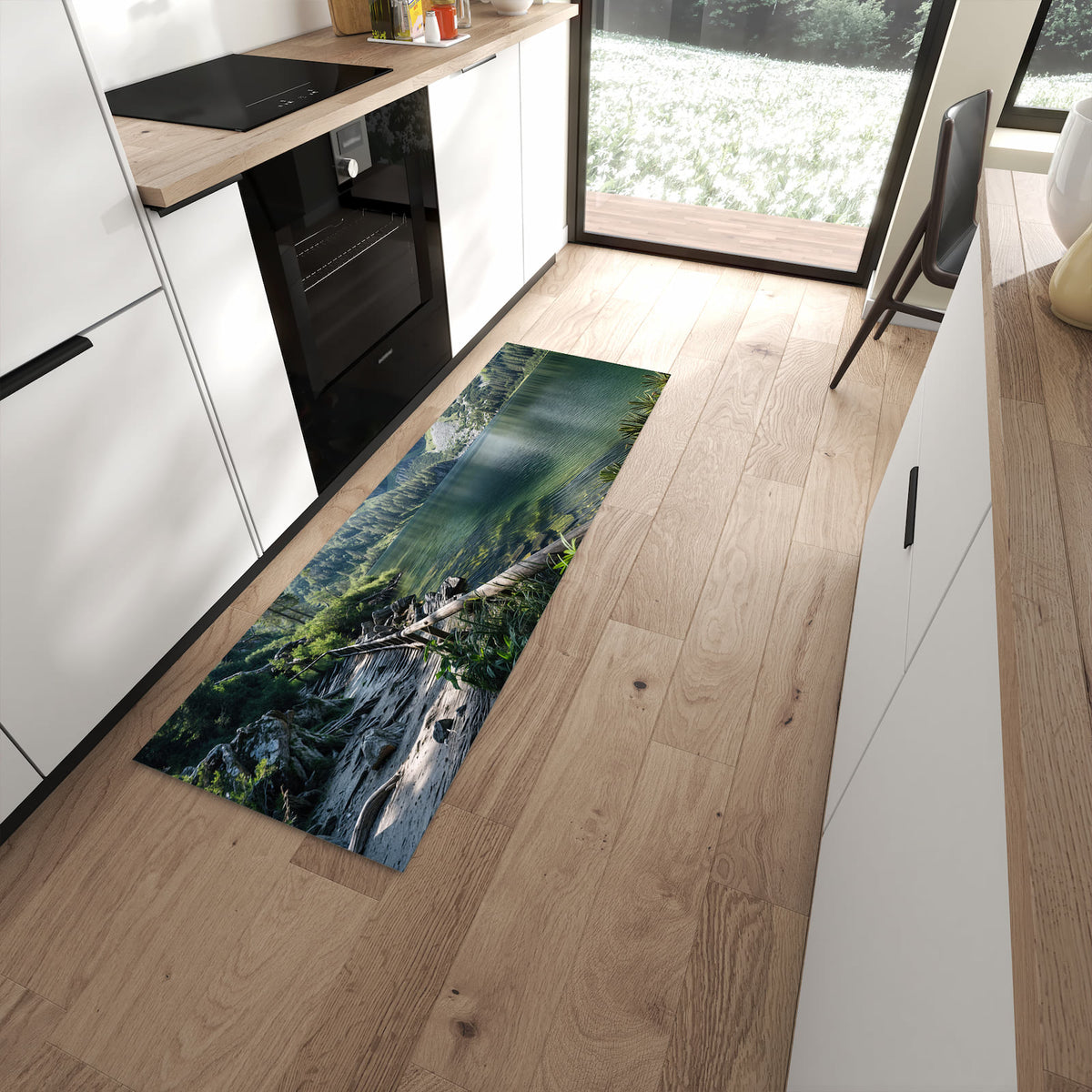 Waschbarer Küchenläufer mit Motiv Berglandschaft See für Ordnung in moderner Küche
