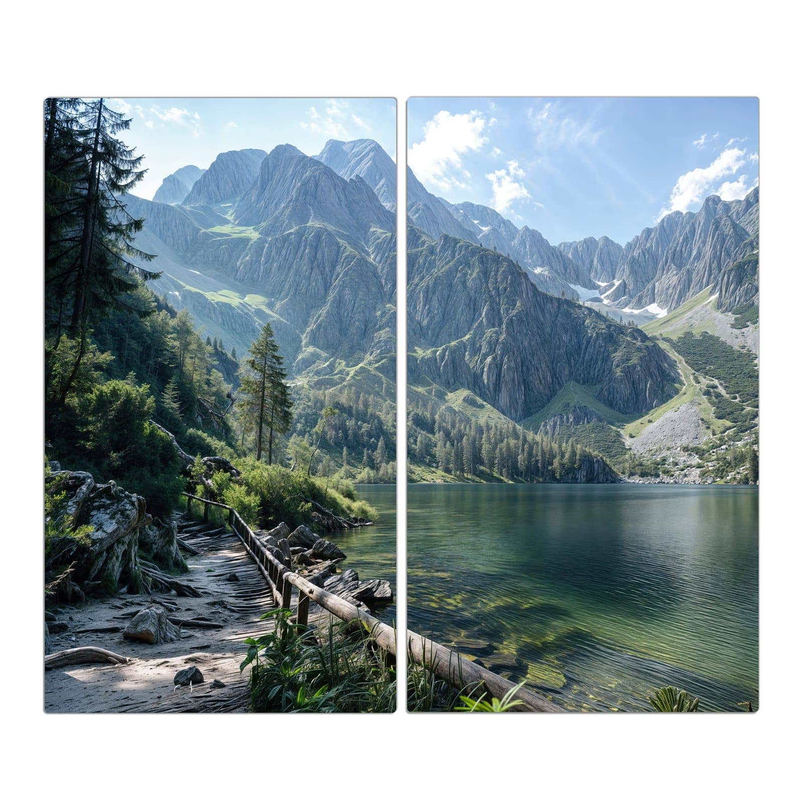 2-teilige Herdplattenabdeckung mit Berglandschaft See-Motiv in der Frontansicht #grösse_2-Teilig (60x52cm)