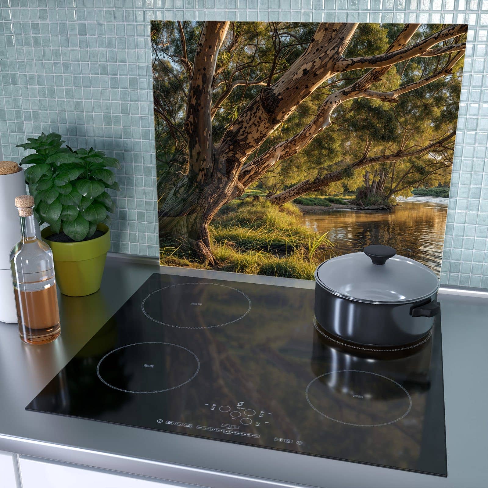 1-teilige Glasabdeckplatte für Ceranfeld mit Baum am Flussufer-Motiv als Spritzschutz hinter dem Kochfeld