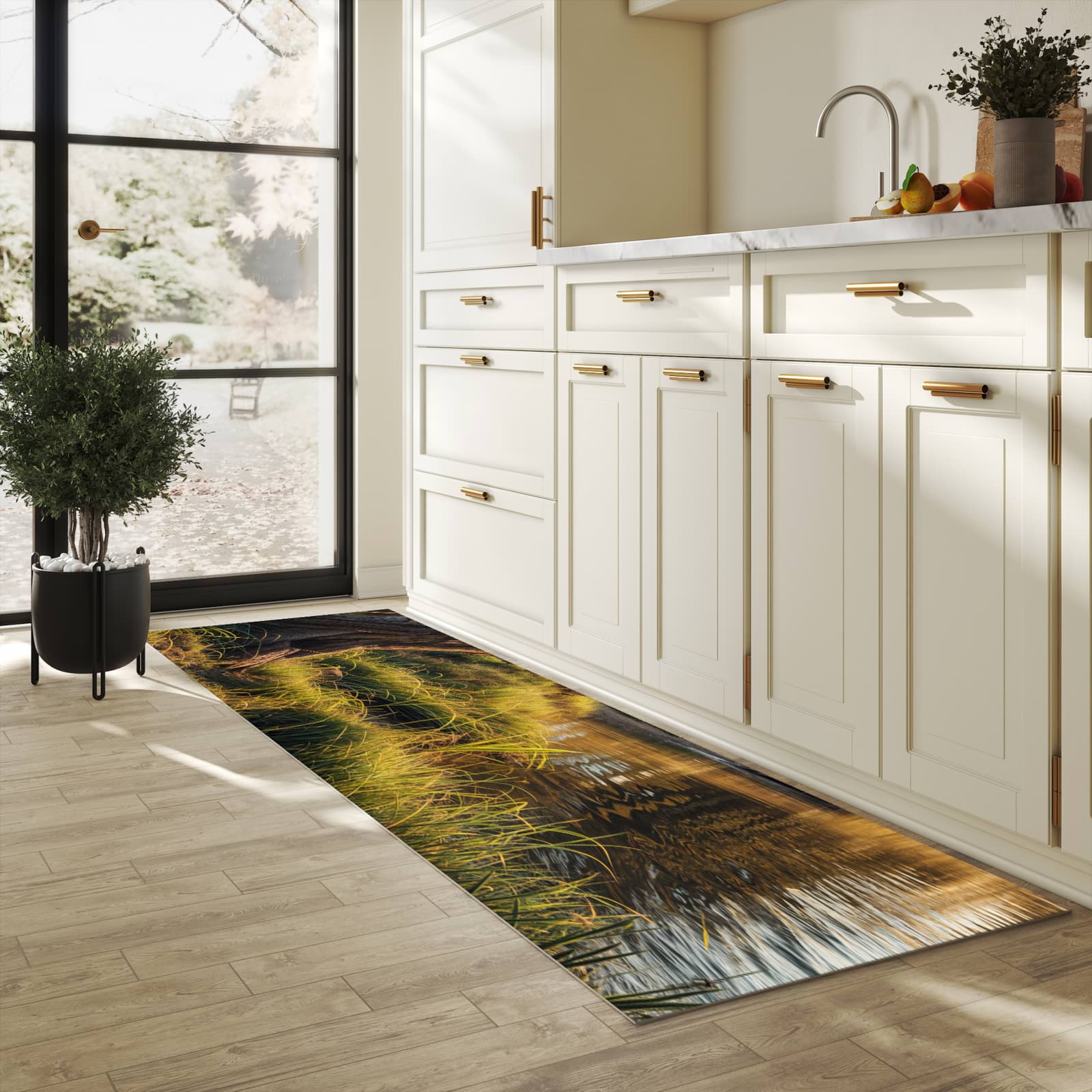 Geruchsneutraler waschbarer Läufer für die Küche mit Motiv Baum am Flussufer in heller Küche