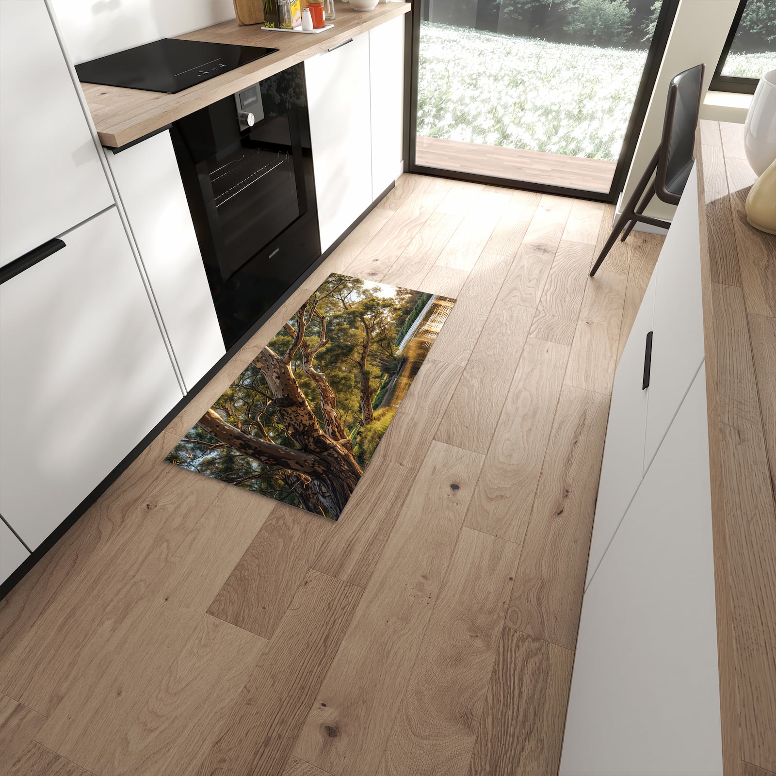 Geruchsneutraler waschbarer Küchenteppich mit Motiv Baum am Flussufer in moderner Küche #grösse_60 x 120 cm