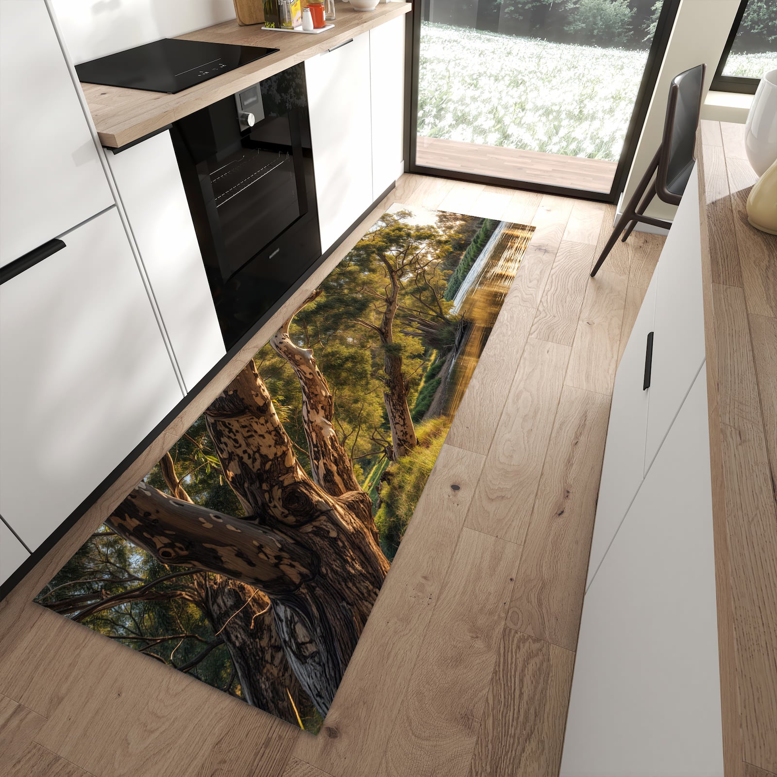 Hygienischer Küchenteppich mit Motiv Baum am Flussufer in moderner Küche - waschbar