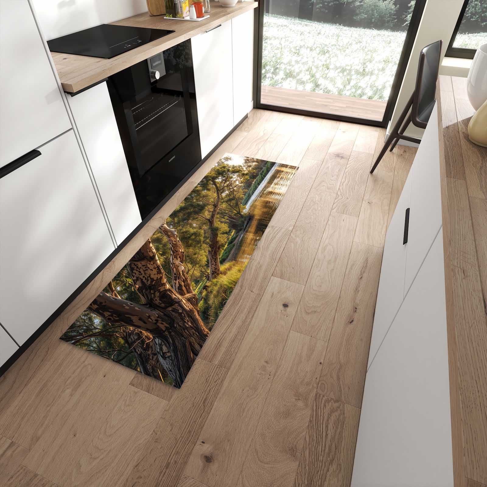 Flacher Küchenteppich mit Motiv Baum am Flussufer in moderner Küche für rutschfesten Stand