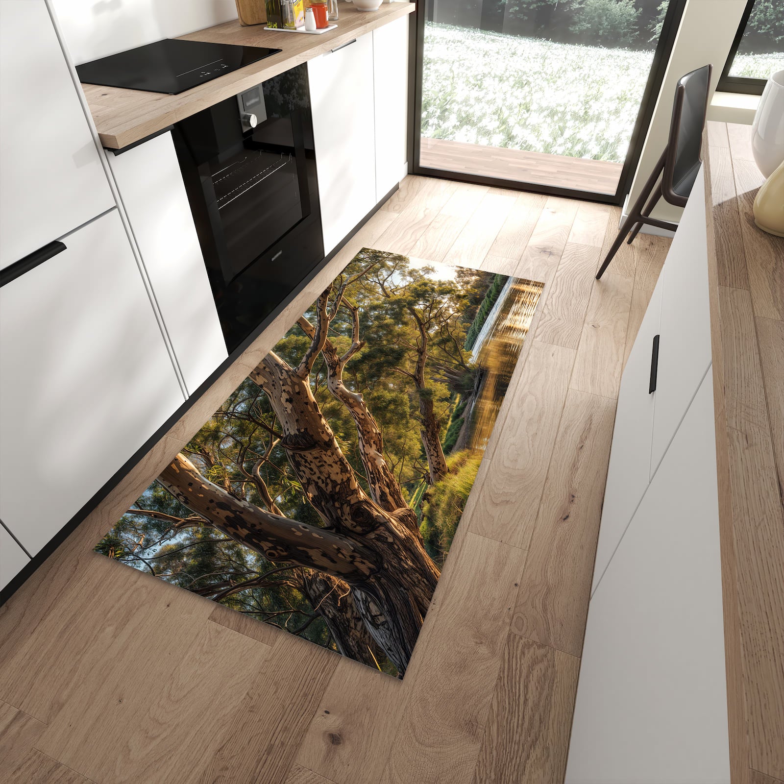 Langlebiger Küchenläufer mit Motiv Baum am Flussufer in moderner Küche