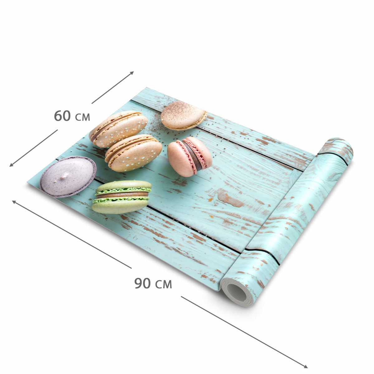 Formstabiler abwaschbarer Küchenteppich mit Motiv Macarons auf Holz in der Grösse 60x120 cm
