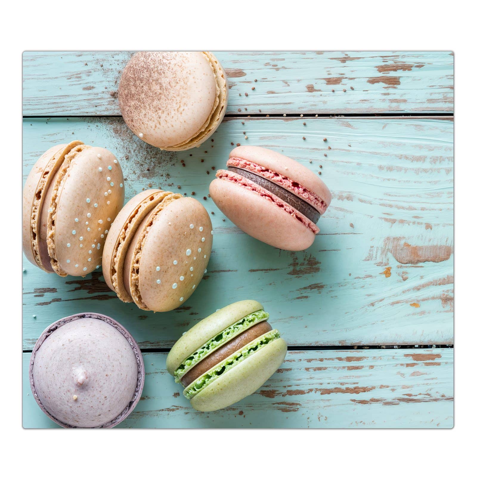 1-teilige Abdeckplatte Induktionsherd mit Macarons auf Holz-Motiv in der Frontansicht #grösse_1-Teilig (60x52cm)
