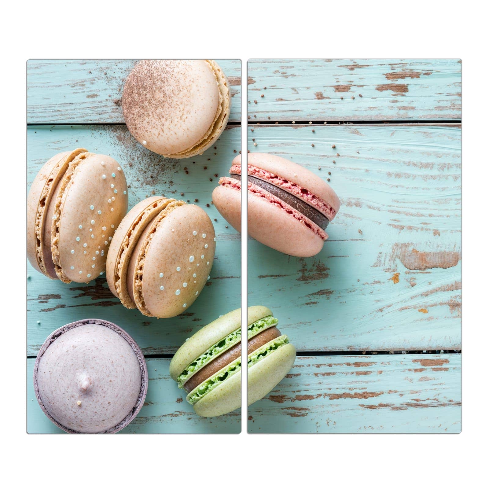 2-teilige Herdabdeckung mit Macarons auf Holz-Motiv in der Frontansicht #grösse_2-Teilig (60x52cm)