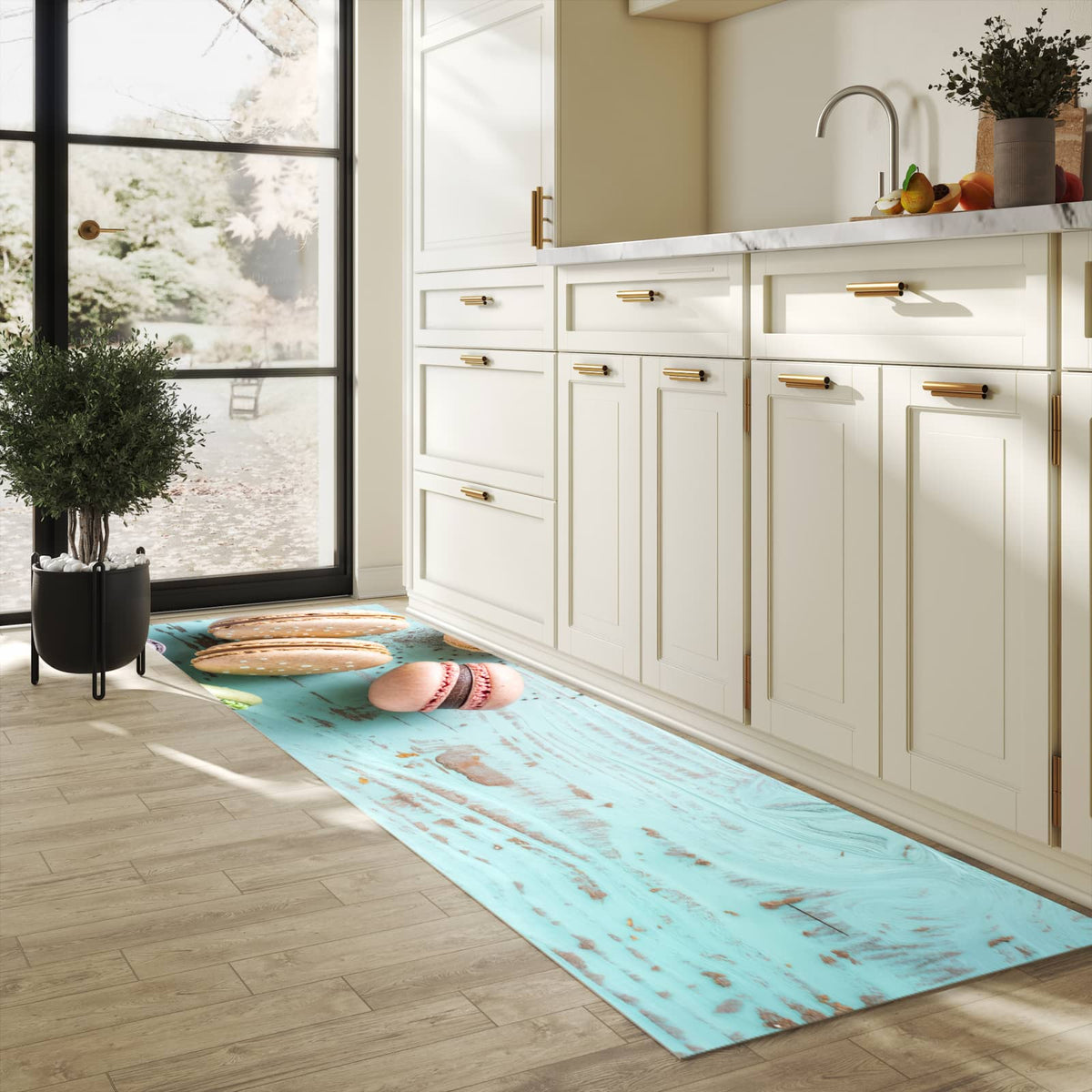 Bodenschonender Küchenteppich mit Motiv Macarons auf Holz in heller Küche