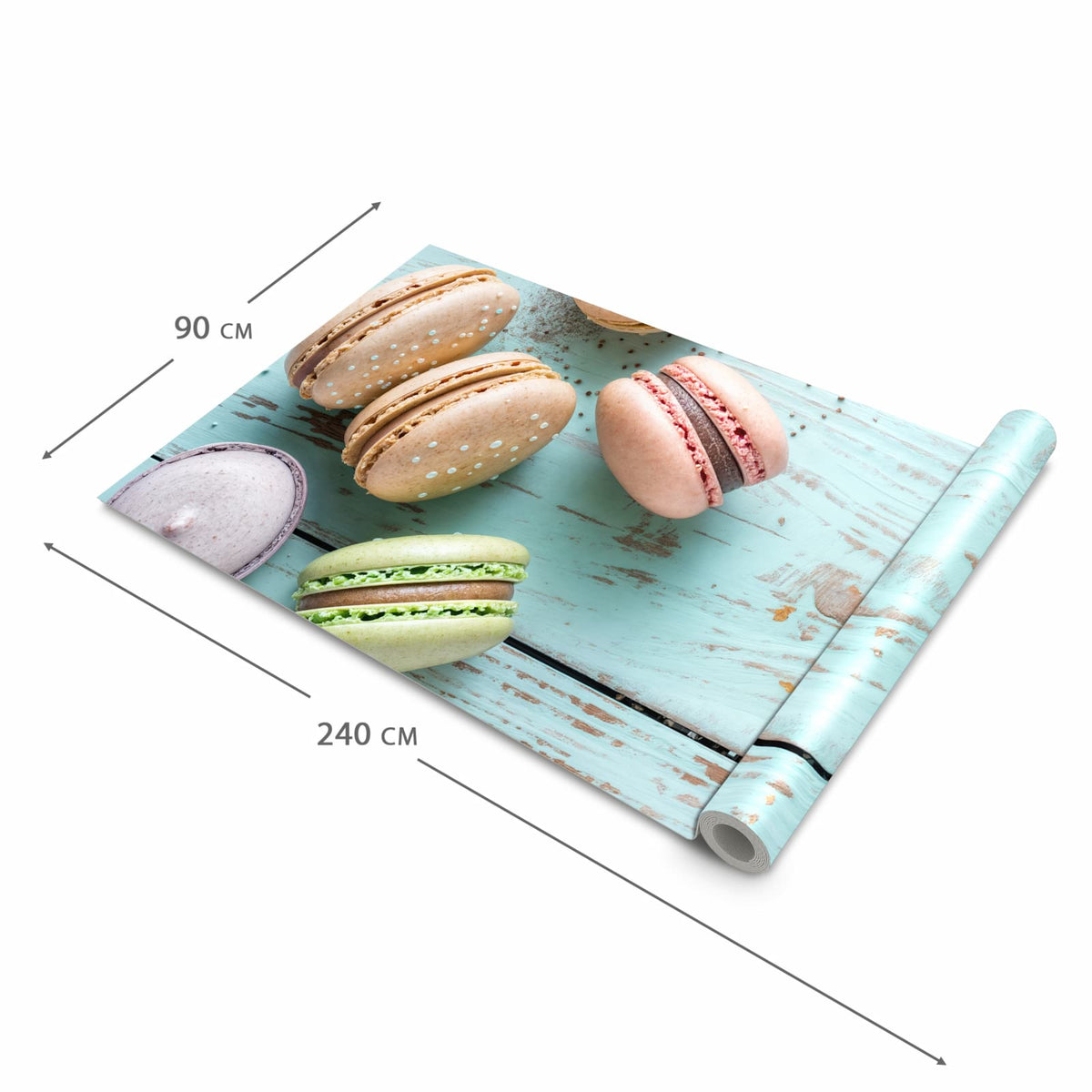 Komfortabler Küchenteppich mit Motiv Macarons auf Holz in der Grösse 60x120 cm