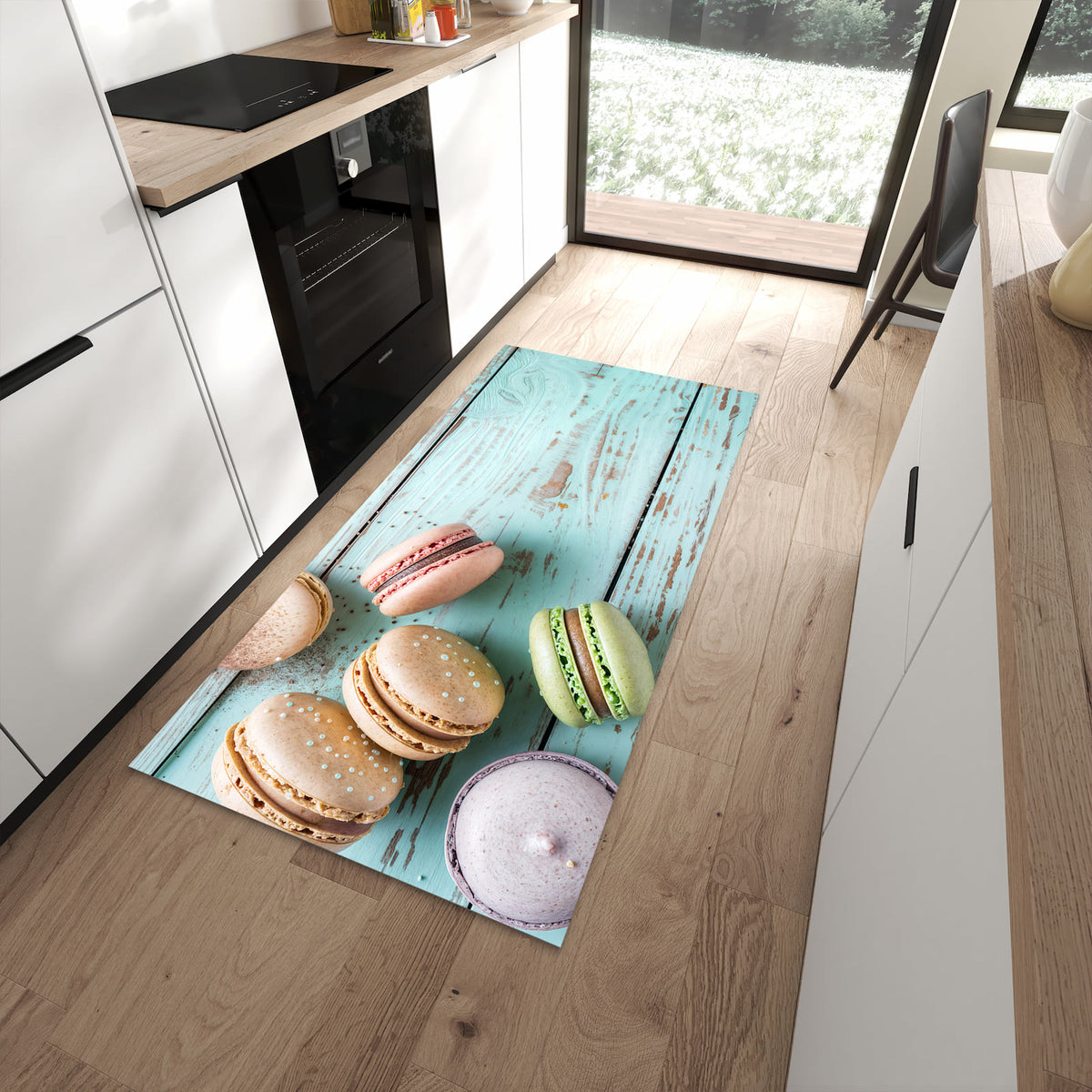 Fleckenresistenter Bodenläufer mit Motiv Macarons auf Holz in moderner Küche