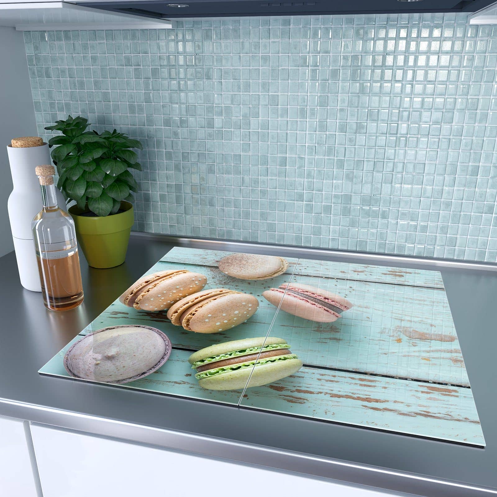 2-teilige Abdeckung für Herdplatten mit Macarons auf Holz-Motiv auf dem Ceranfeld