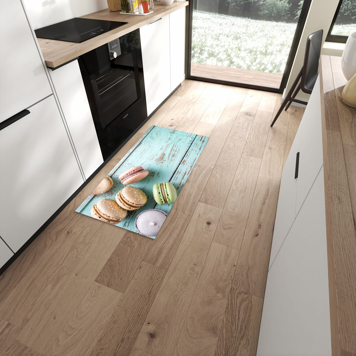 Waschbarer Küchenläufer mit Motiv Macarons auf Holz für Ordnung in moderner Küche #grösse_60 x 120 cm
